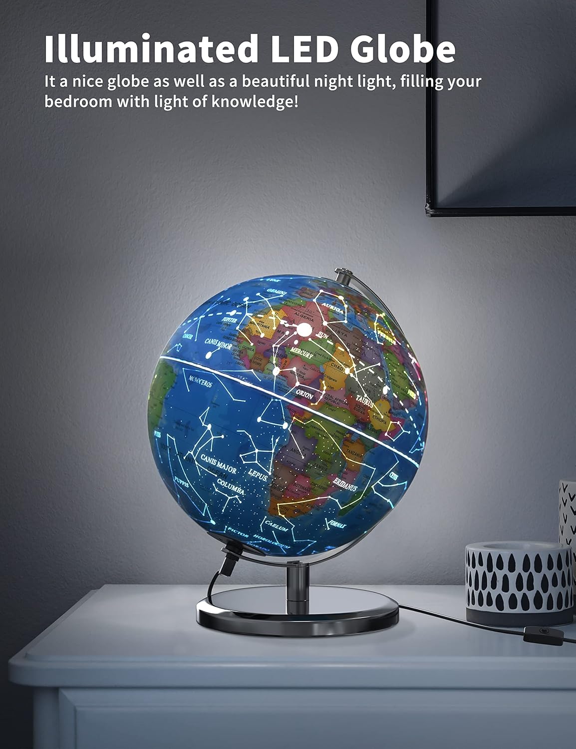 9" Illuminated Globe with Stand, LED Night Light for Kids Learning W4504