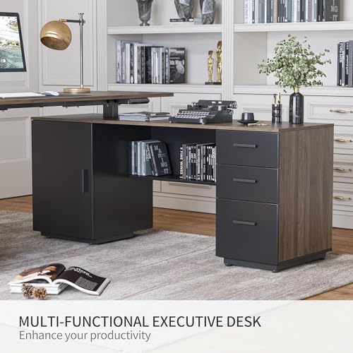 L Shaped Electric Standing Desk with File Cabinet, Black Walnut X736