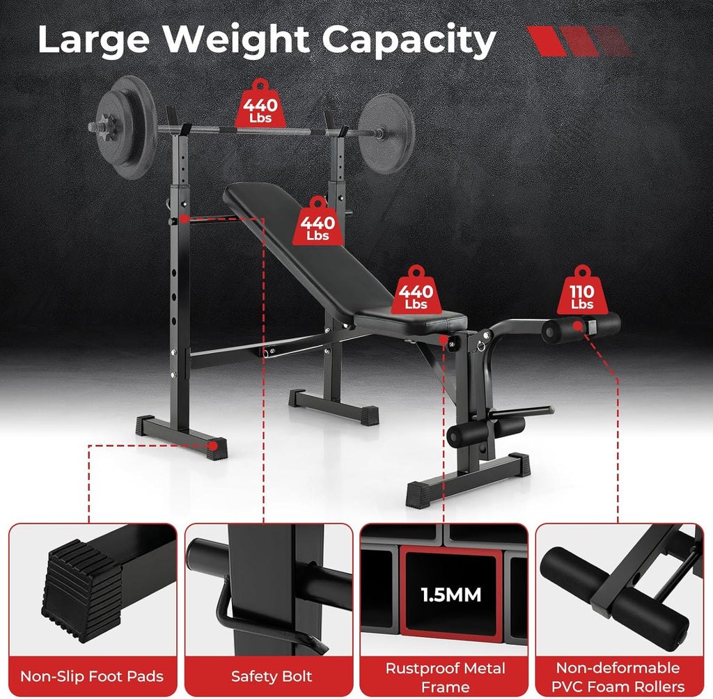 Adjustable Weight Bench with Squat Racks, Leg Extension & Leg Curl for Home Gym I38285