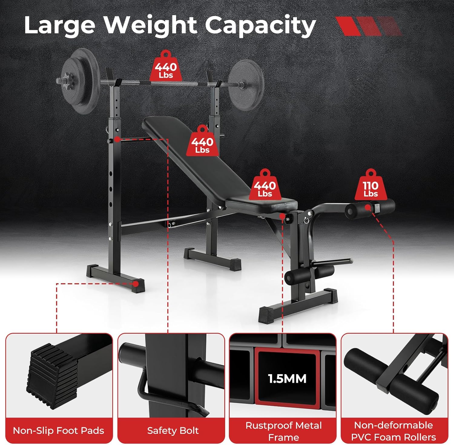 Adjustable Weight Bench with Squat Racks, Leg Extension & Leg Curl for Home Gym I38285
