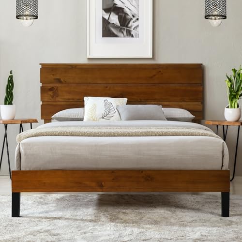 Full Size Bed Frame with Tall Headboard, Wood Platform Bed with Slats Support G6751