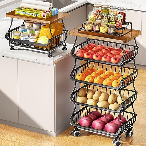 Fruit Basket for Kitchen with Wood Top 5 Tier, Stackable Storage Cart with Wheels, White R5884