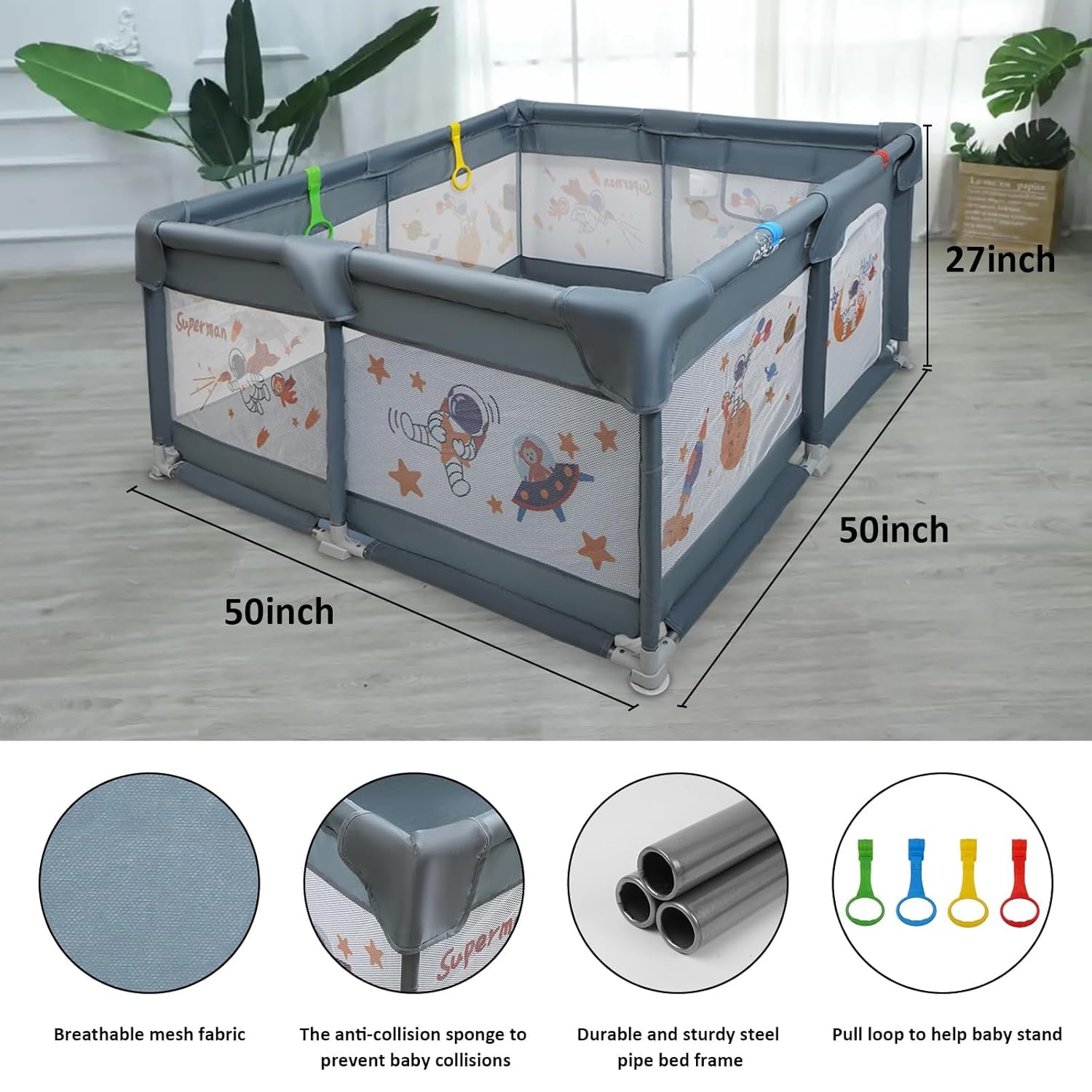 Baby Playpen 50x50 Large Play Yard with Gate, Anti-Slip Base, Gray C319468