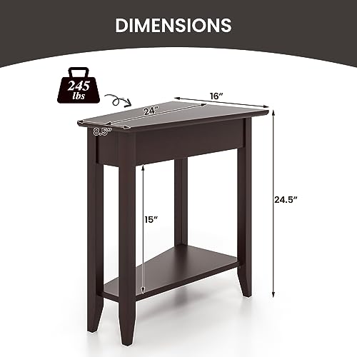 2-Tier Wedge End Table Set of 2 with Storage Shelf, Solid Wood Legs Y108