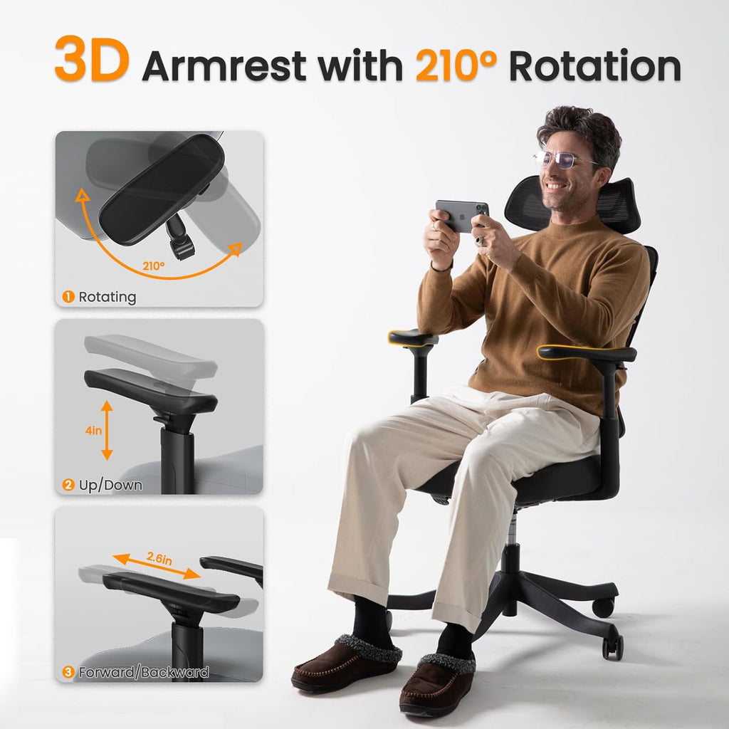 Ergonomic Mesh Office Chair with Wheels, Adjustable 3D Arms and Headrest T7694