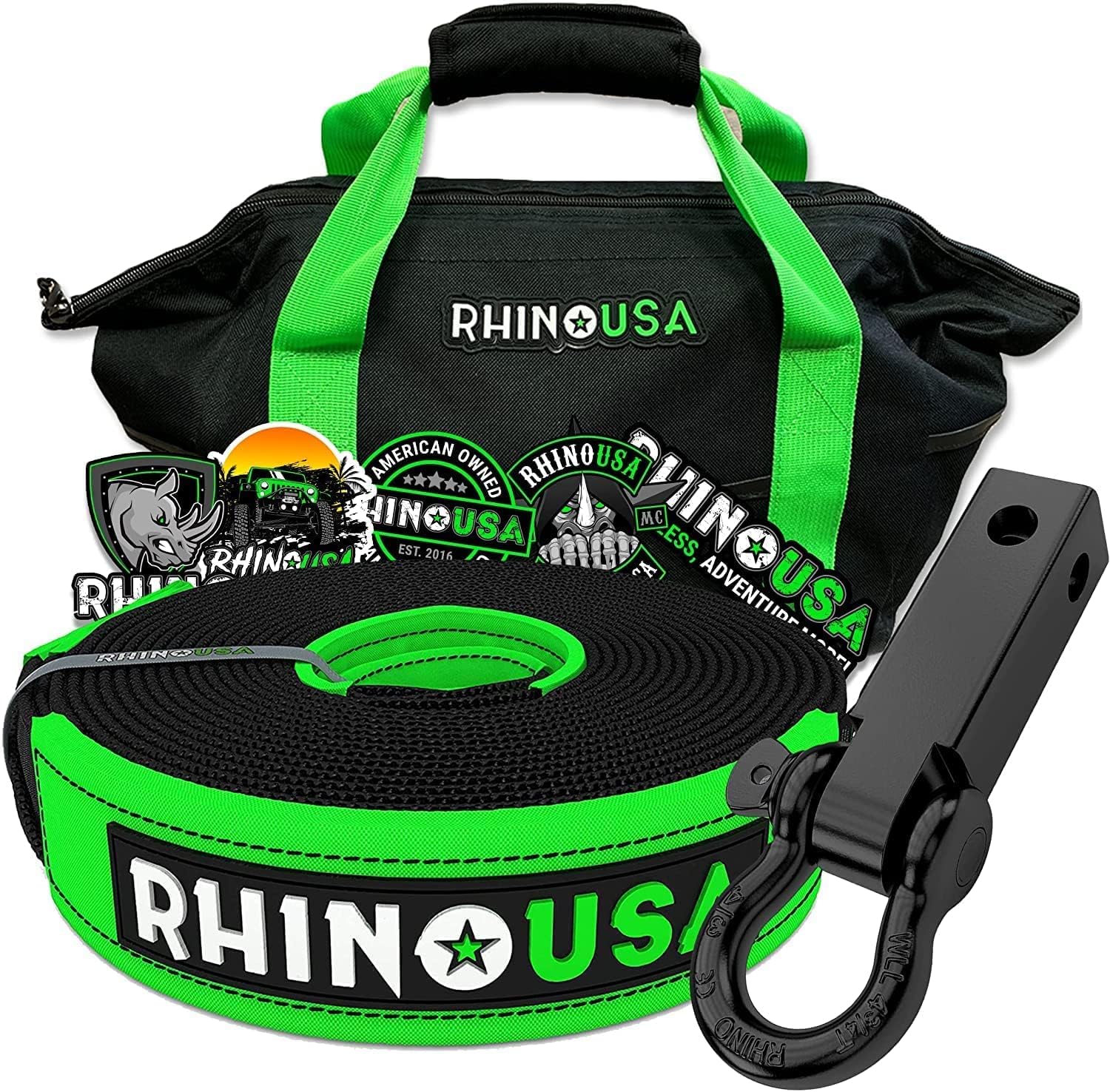 Rhino USA Shackle Hitch Receiver, Best Towing Accessories for Trucks & Jeeps, Connect Your Rhino Tow Strap for Vehicle Recovery, Mounts to 2 Receivers (Hitch Receiver + 20' Tow Strap)