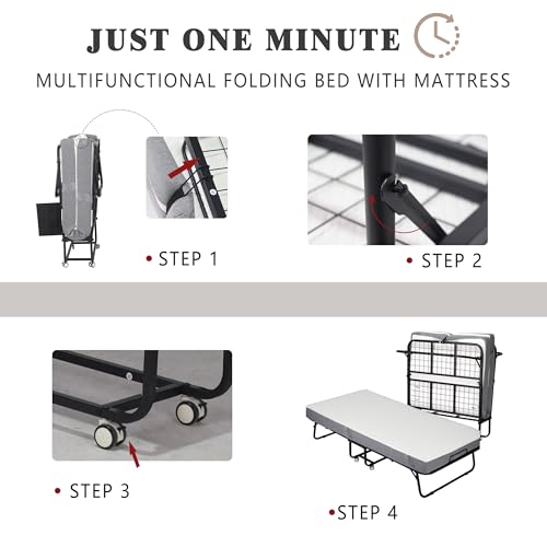 Folding Bed with Mattress, Portable Rollaway Bed for Adults, Sturdy Metal Frame with Wheels H137009