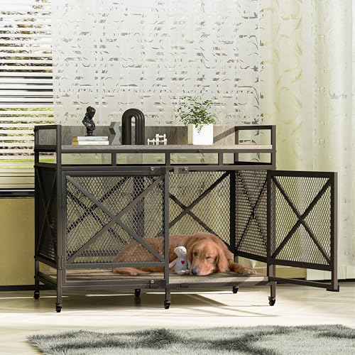 Large Dog Crate Furniture 48 Inch Wooden Kennel Indoor with Wheels O6035