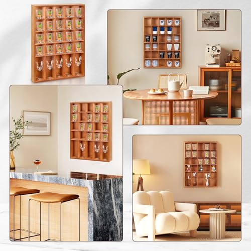 Wall-Mounted Shot Glass Display Case, Wood Holder for 30 Glasses, Black E18118