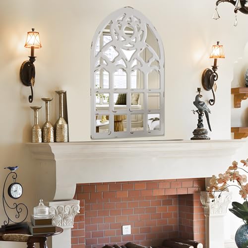 Arched Window Mirror, Wood Framed Wall Decor, White F3286