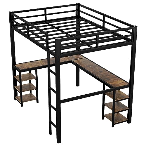 Full Size Metal Loft Bed with Desk and Storage Shelves S6260