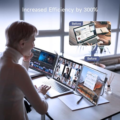 16 inch Triple Portable Monitor for Laptop, Aluminum Alloy 1200P Tri-Screen Extender with HDMI & USB-C S9128