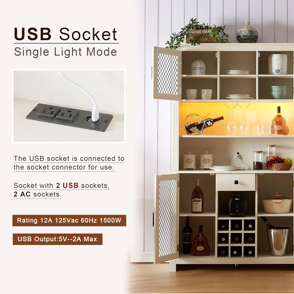 70" Rustic Sideboard Buffet with LED, Outlets and Wine Rack X99871