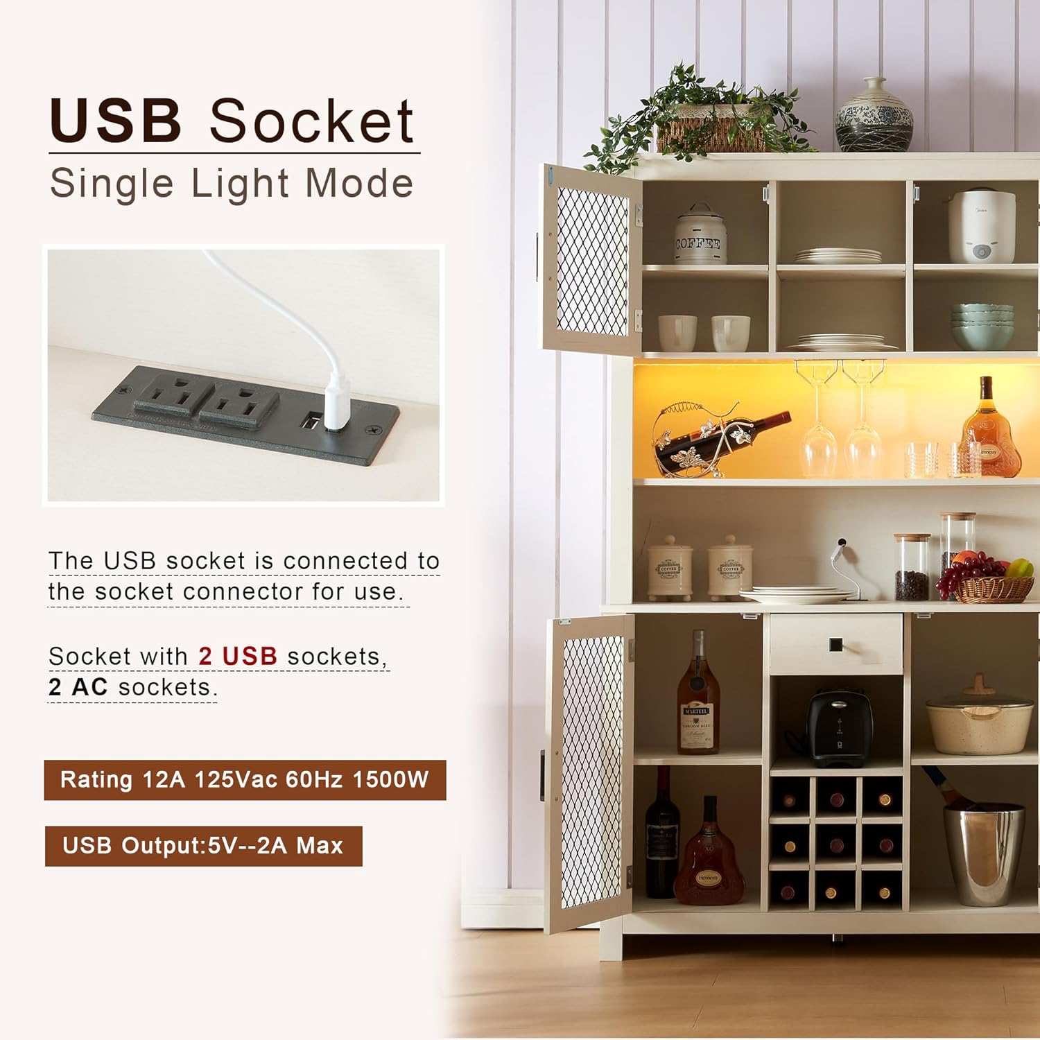 70" Rustic Sideboard Buffet with LED, Outlets and Wine Rack X99871