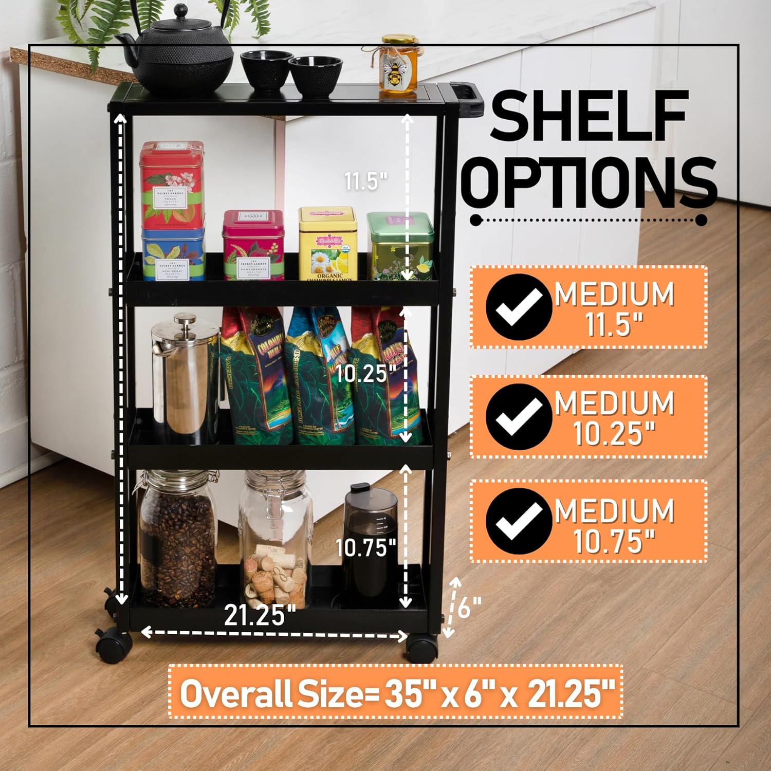 Narrow 4-Tier Rolling Storage Cart with Wheels and Adjustable Shelving W146333