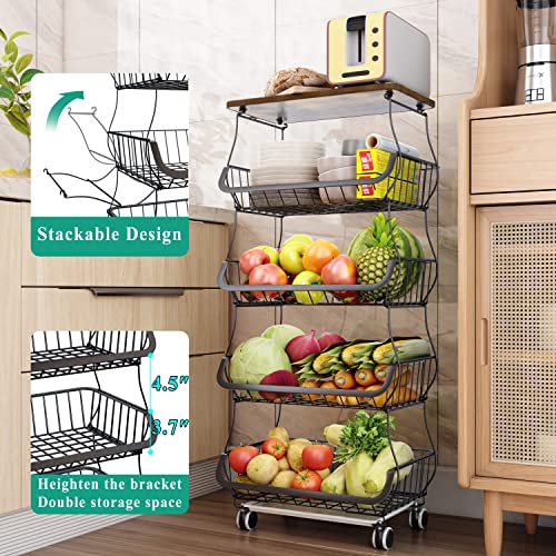 Fruit Basket for Kitchen with Wood Top 5 Tier, Stackable Storage Cart with Wheels, White R5884