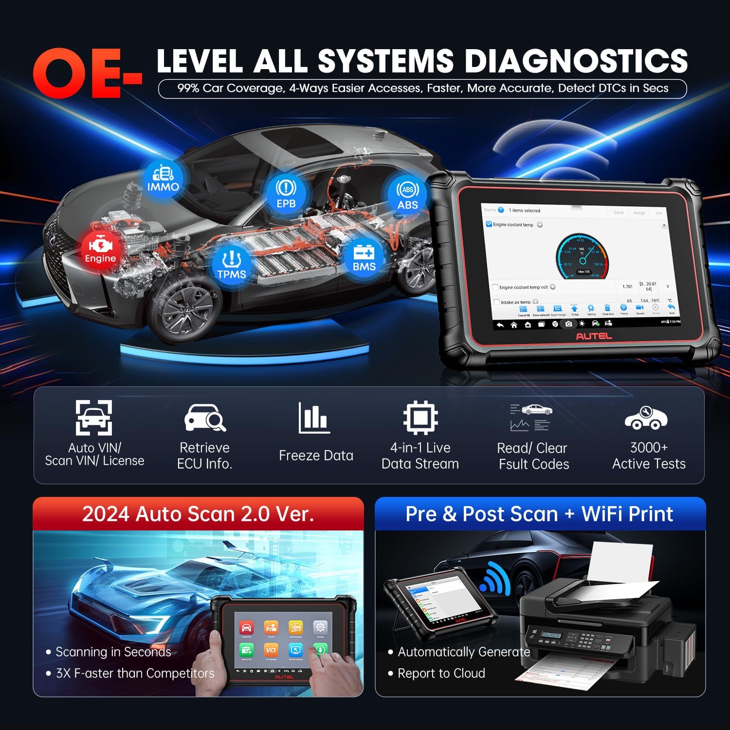Autel Scanner MaxiCOM MK900-BT: 2024 BT Ver. of MK900 MX900, 8in Up of MK808S MK808BT PRO MX808S MK808Z MS906, 3K+ Bidirectional Tool as MP900BT 40+ Reset, CANFD DoIP, Pre Post Scan, FCA, 11OS U40199