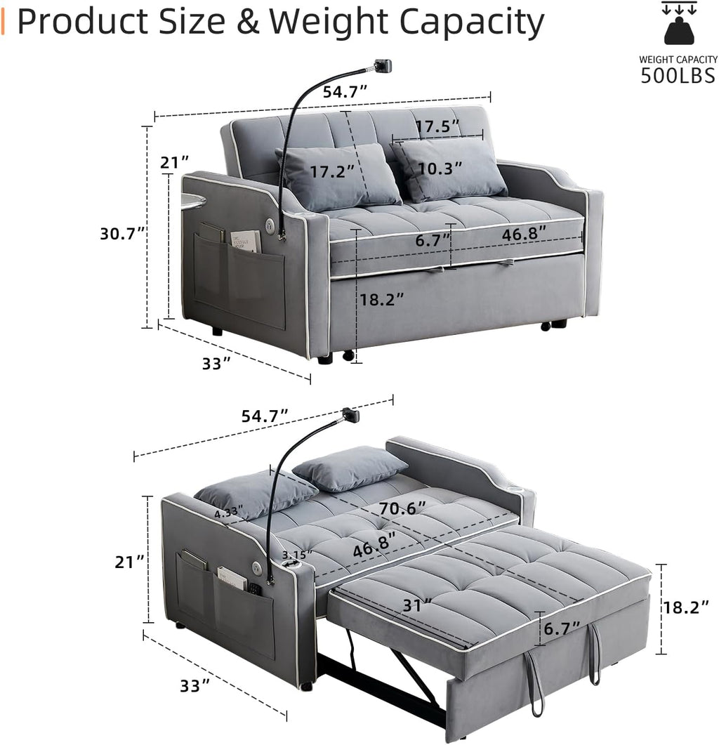Convertible Sleeper Sofa Couch Bed with USB Port, Velvet Tufted Loveseat Futon D321