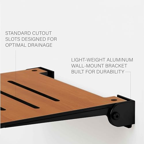 Folding Wall Mount Shower Bench Seat, Rustic Teak Seat with Silver Frame K80649