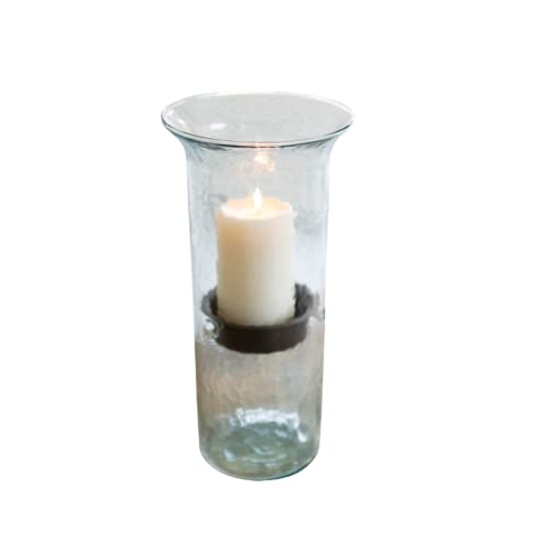 Small Glass Hurricane Candle Holder with Rustic Metal Insert R8342