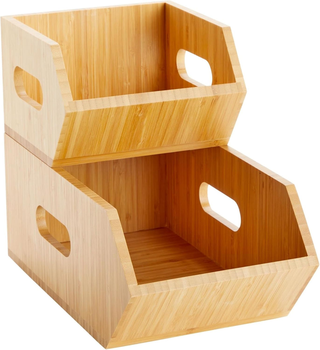 Farmlyn Creek 2 Pack Stackable Bamboo Wood Storage Bins, Organization Boxes for Kitchen Pantry (2 Sizes)