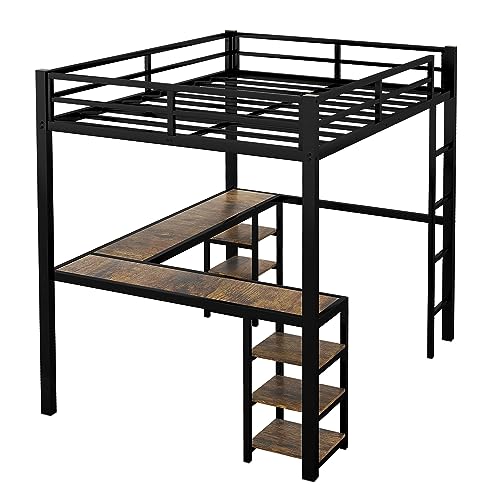 Full Size Metal Loft Bed with Desk and Storage Shelves S6260