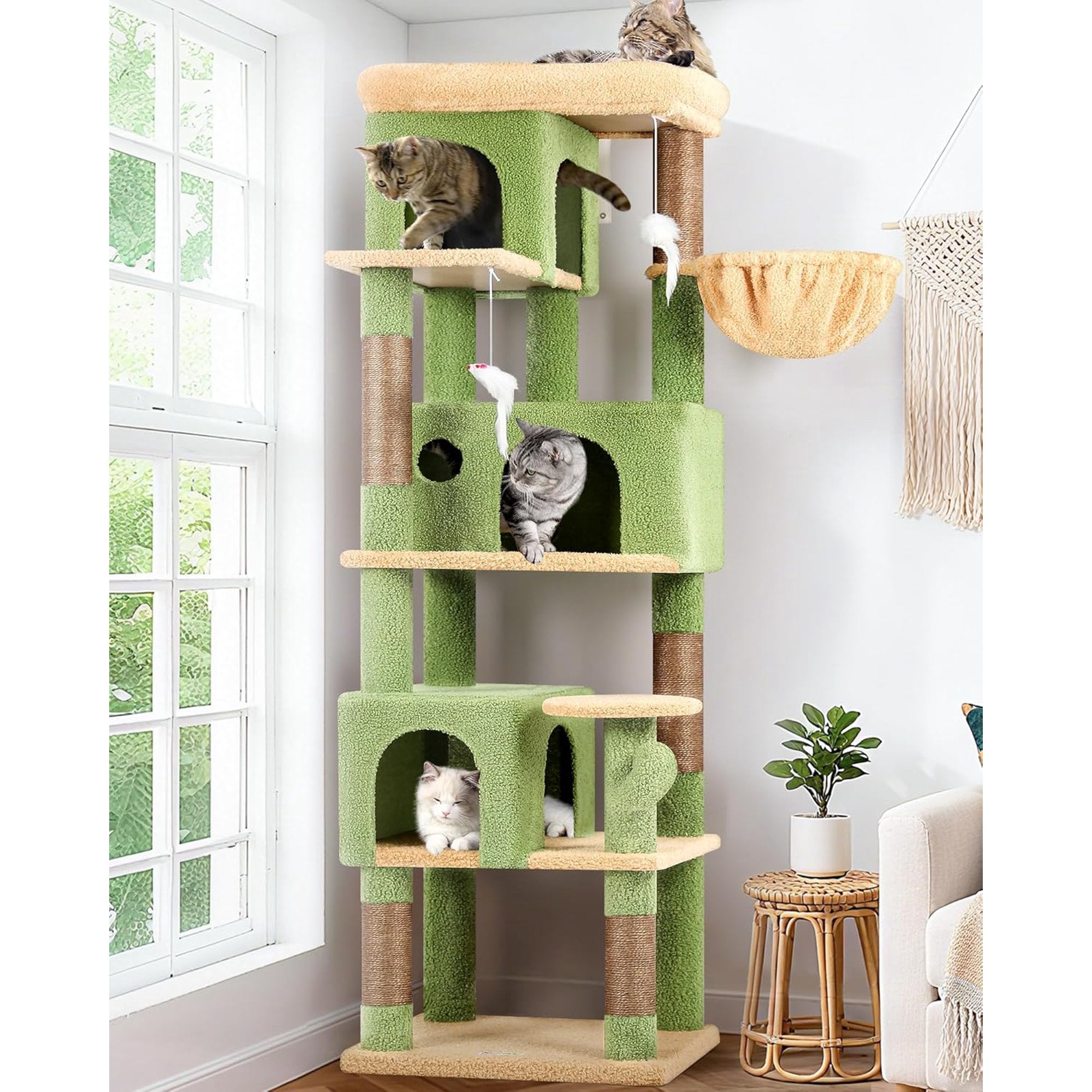 Multi-Level Cactus Climbing Tower for Indoor Cats with Large Platform and 3 Caves R347