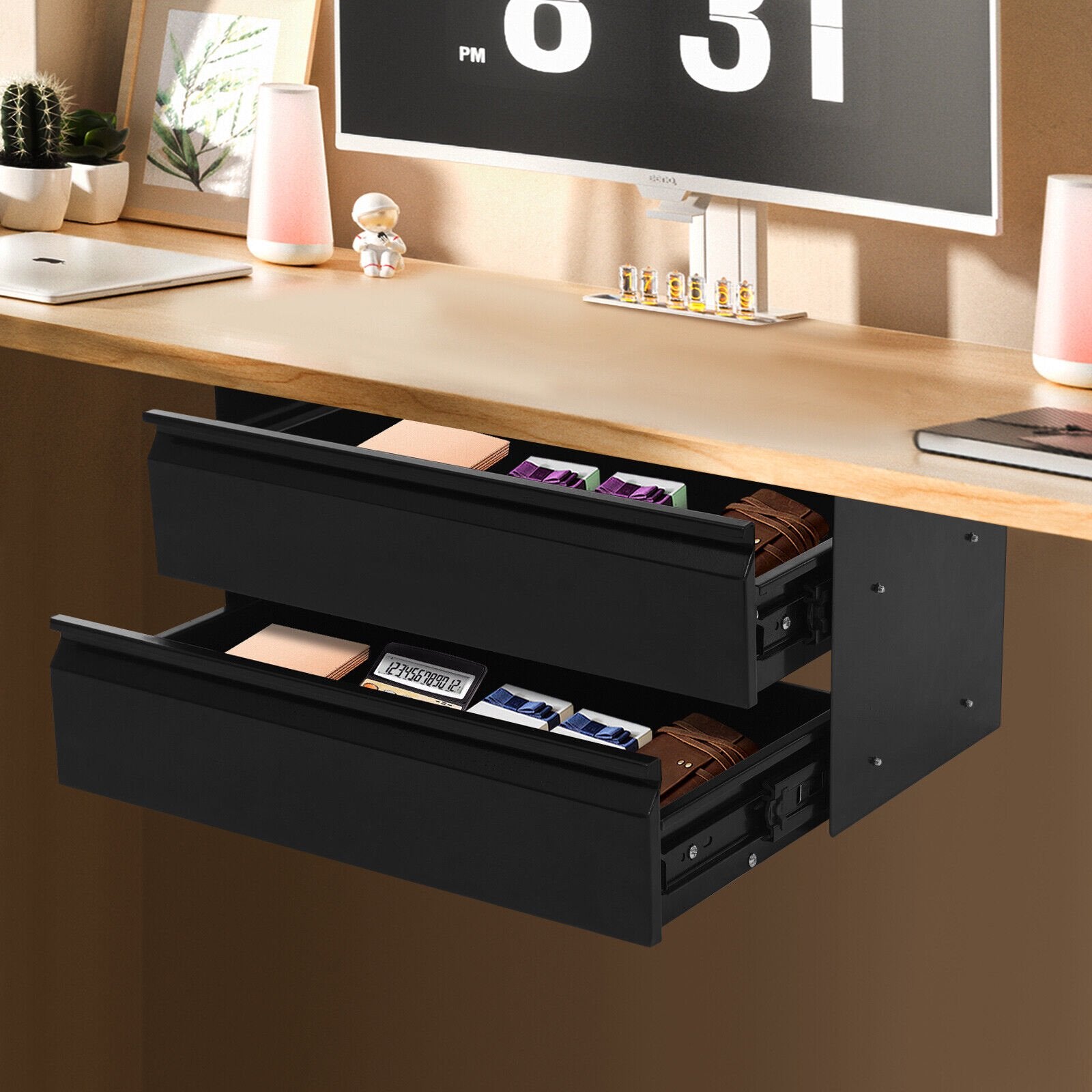 Under Desk Sliding Drawer Organizer, Black Steel Pull-Out Storage Tray F149