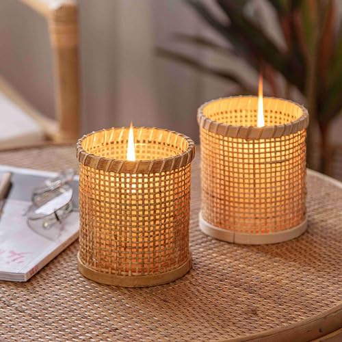 Rattan Woven Hurricane Glass Candle Holder for Pillar Candles U5467