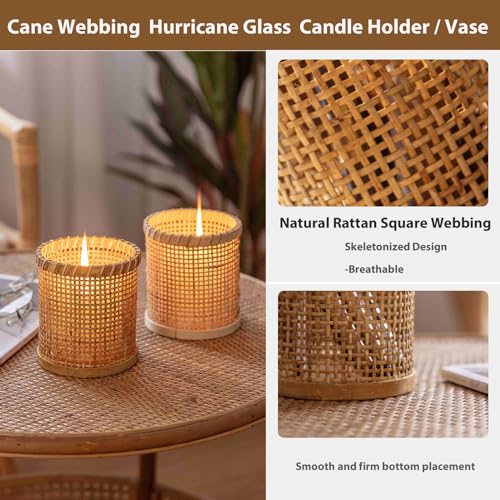 Rattan Woven Hurricane Glass Candle Holder for Pillar Candles U5467