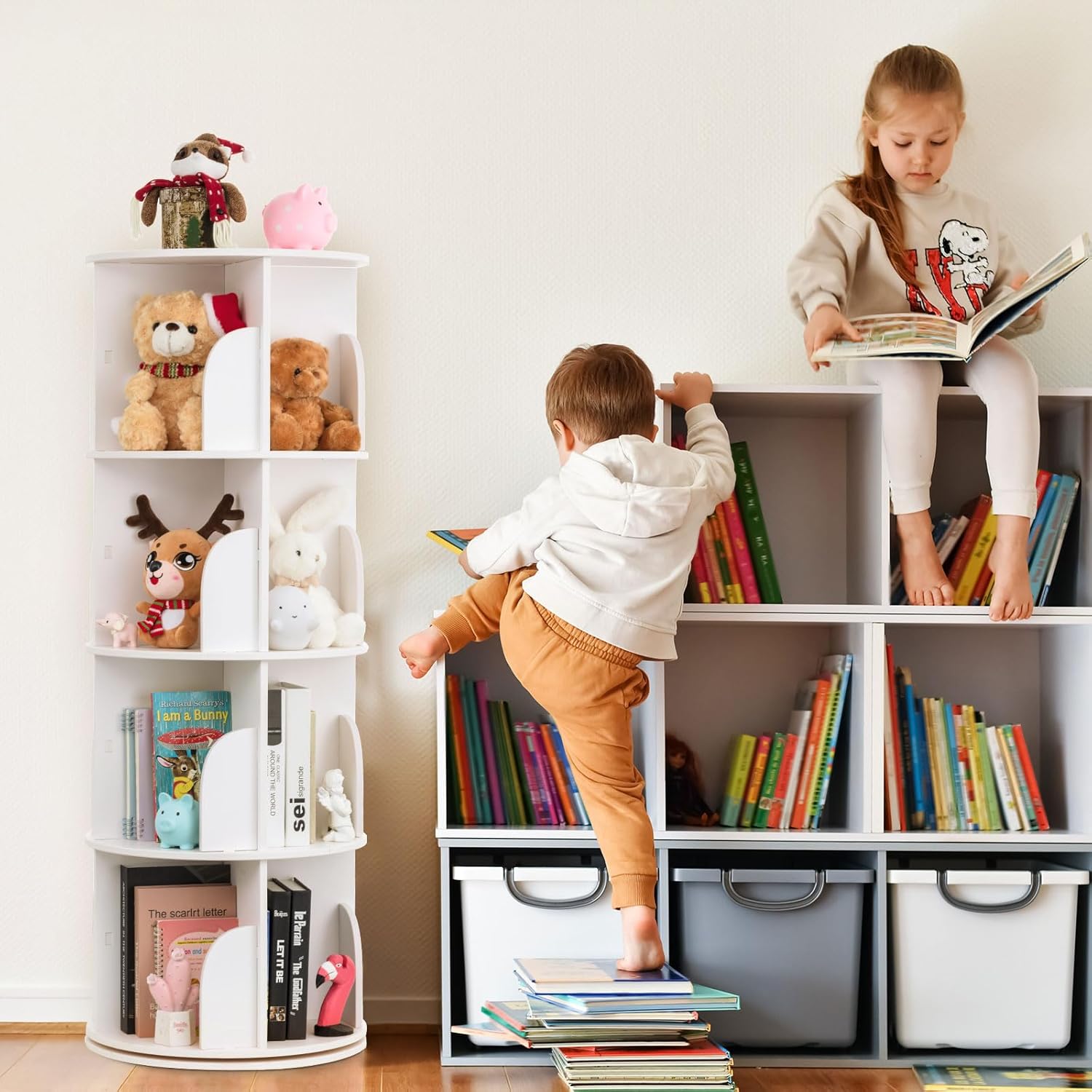 4 Tier 360 Rotating Bookshelf Corner Organizer Floor Standing Bookcase Rack, White W790