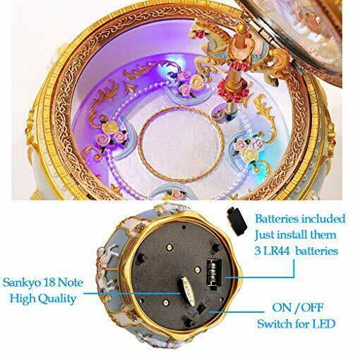 Carousel Horse Music Box with LED Lights, Resin Carved Mechanical Musical Box N255