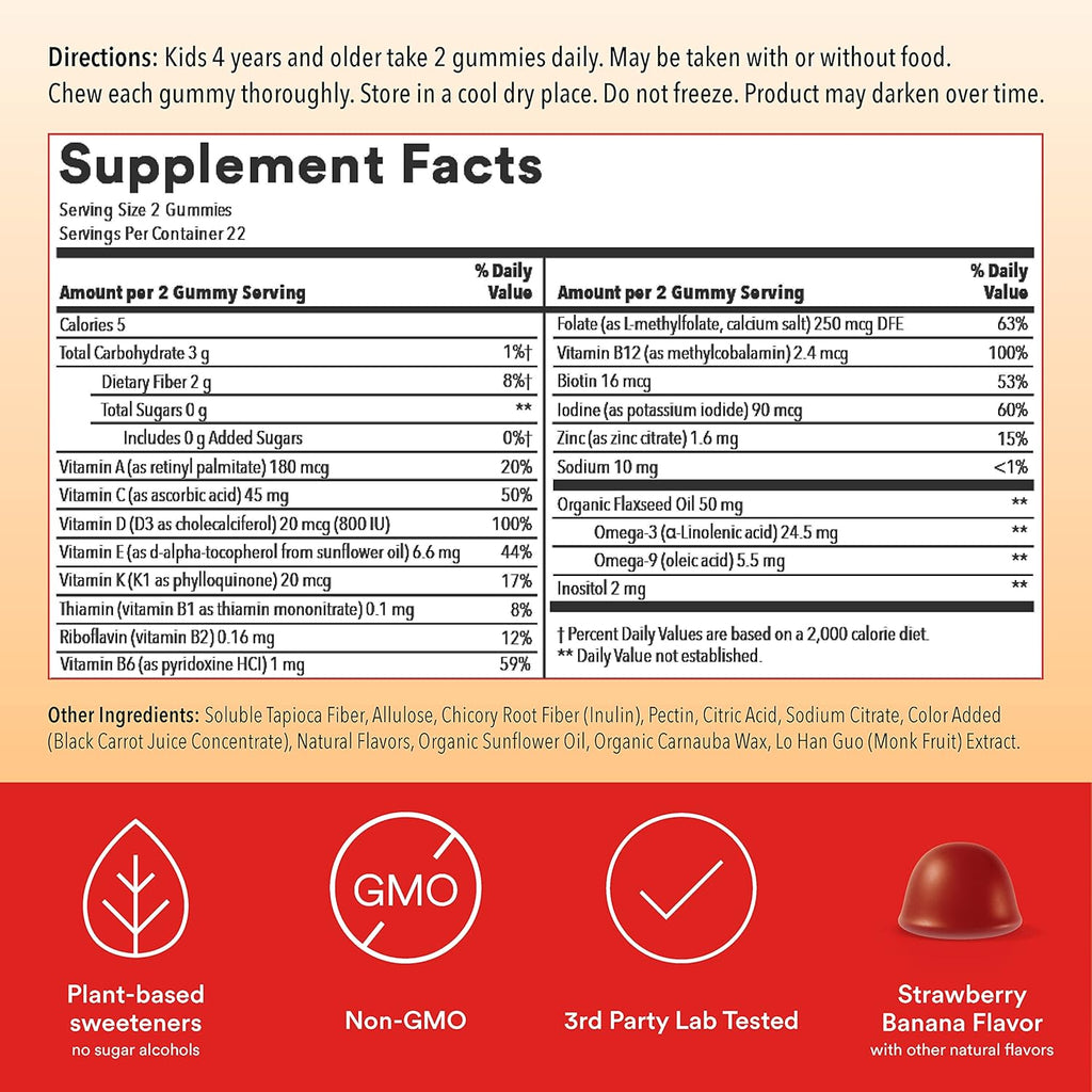 Sugar Free Kids Multivitamin Gummies with Omega 3, Vitamin D3, C and Fiber J142014
