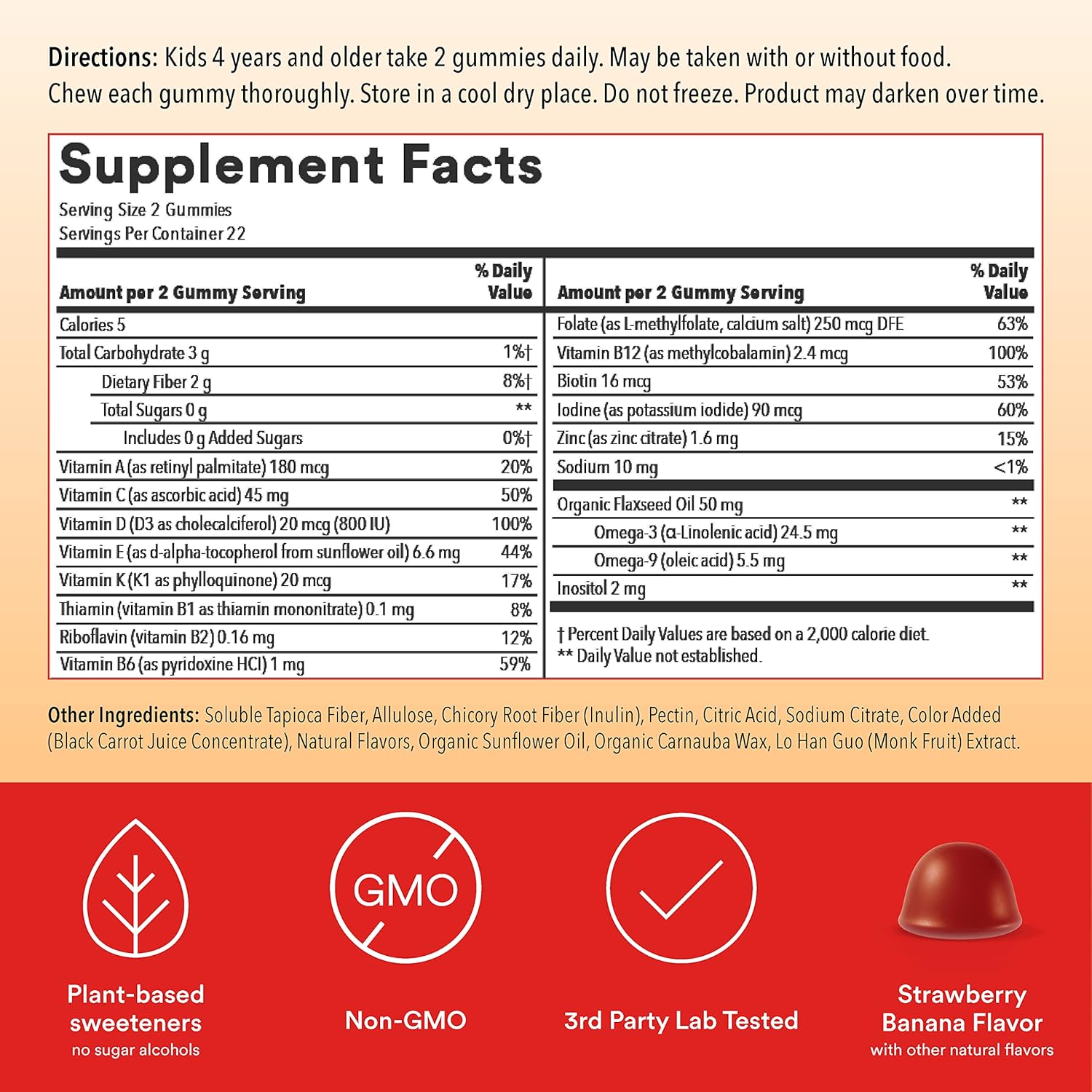 Sugar Free Kids Multivitamin Gummies with Omega 3, Vitamin D3, C and Fiber J142014