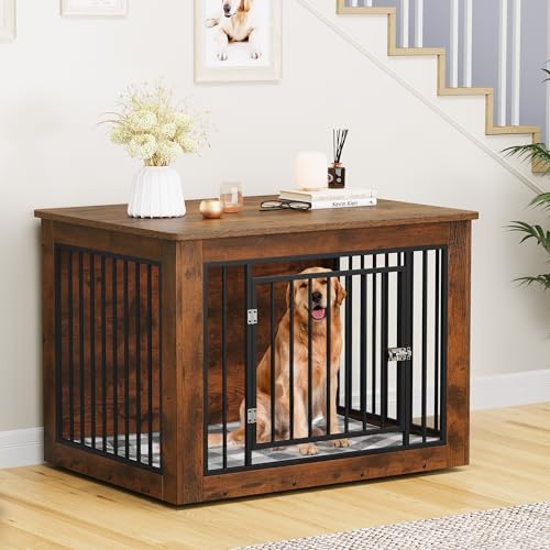 Dog Crate Furniture for Large Dogs, Side End Table, Indoor Kennel up to 60 lb, Rustic Brown W4096
