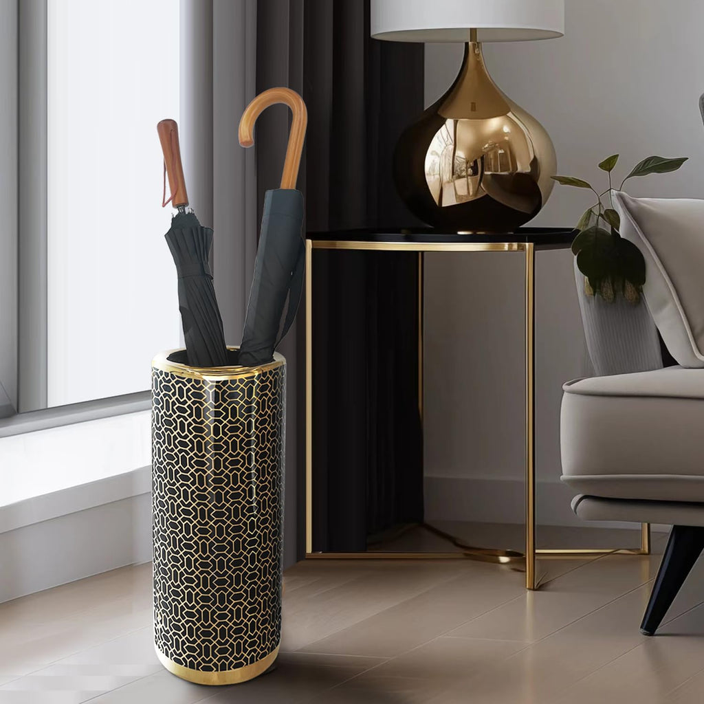 Ceramic Umbrella Stand for Entryway, 18" High, Black Gold X9681
