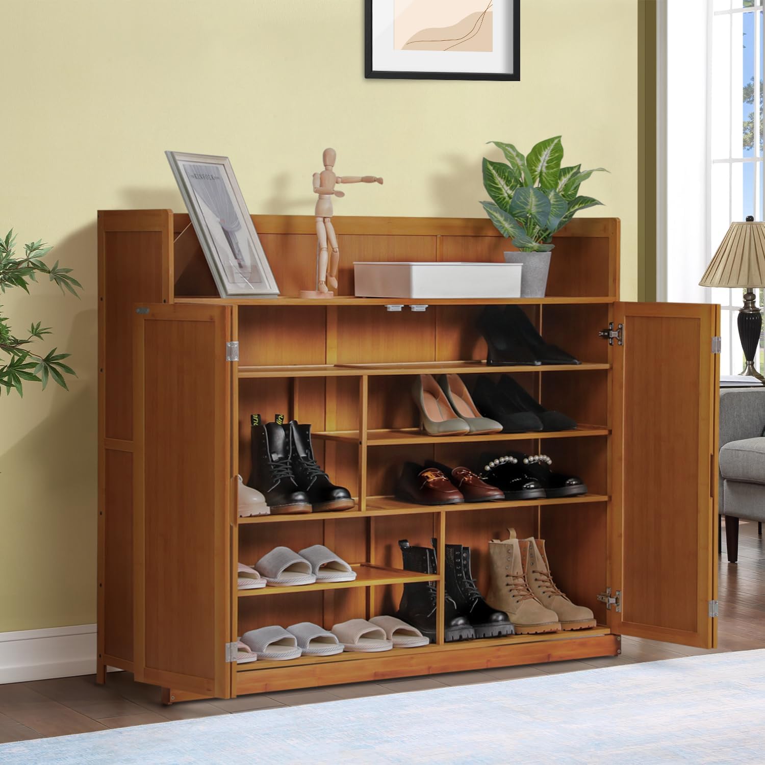 5 Tier Bamboo Shoe Cabinet with Doors, Freestanding Shoe Shelf Organizer G177