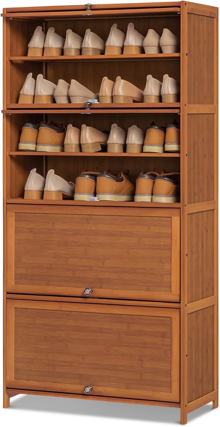Magshion Bamboo Free Standing 8 Tier Shoe Shelf Storage Rack with Flip Doors, Freestanding Shoe Cabinet Organizer for Convenient Shoe Organization (Brown)