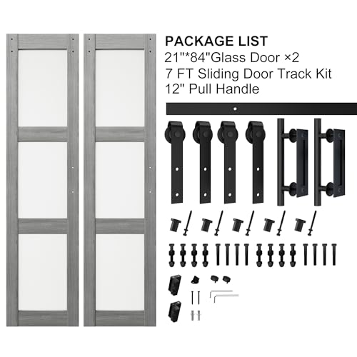 Double Glass Barn Door with Frosted Glass and Sliding Hardware Kit O861