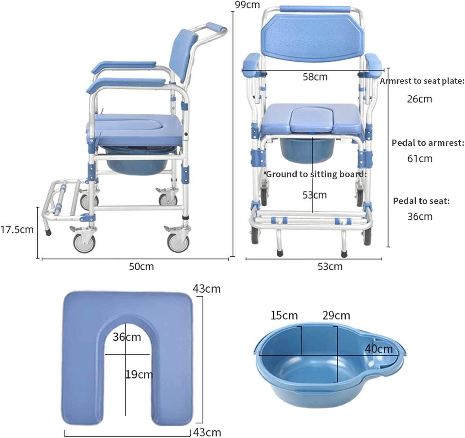 Wheeled Commode Chair for Bathroom with Liftable Armrests H432769