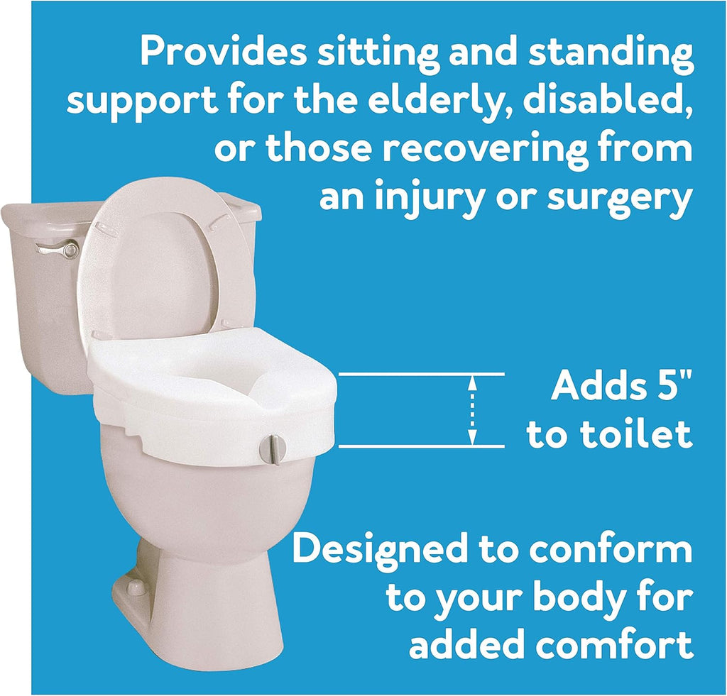 Raised Toilet Seat 5 Inch Height for Elderly and Handicap, Fits Round or Elongated Toilets, White A252
