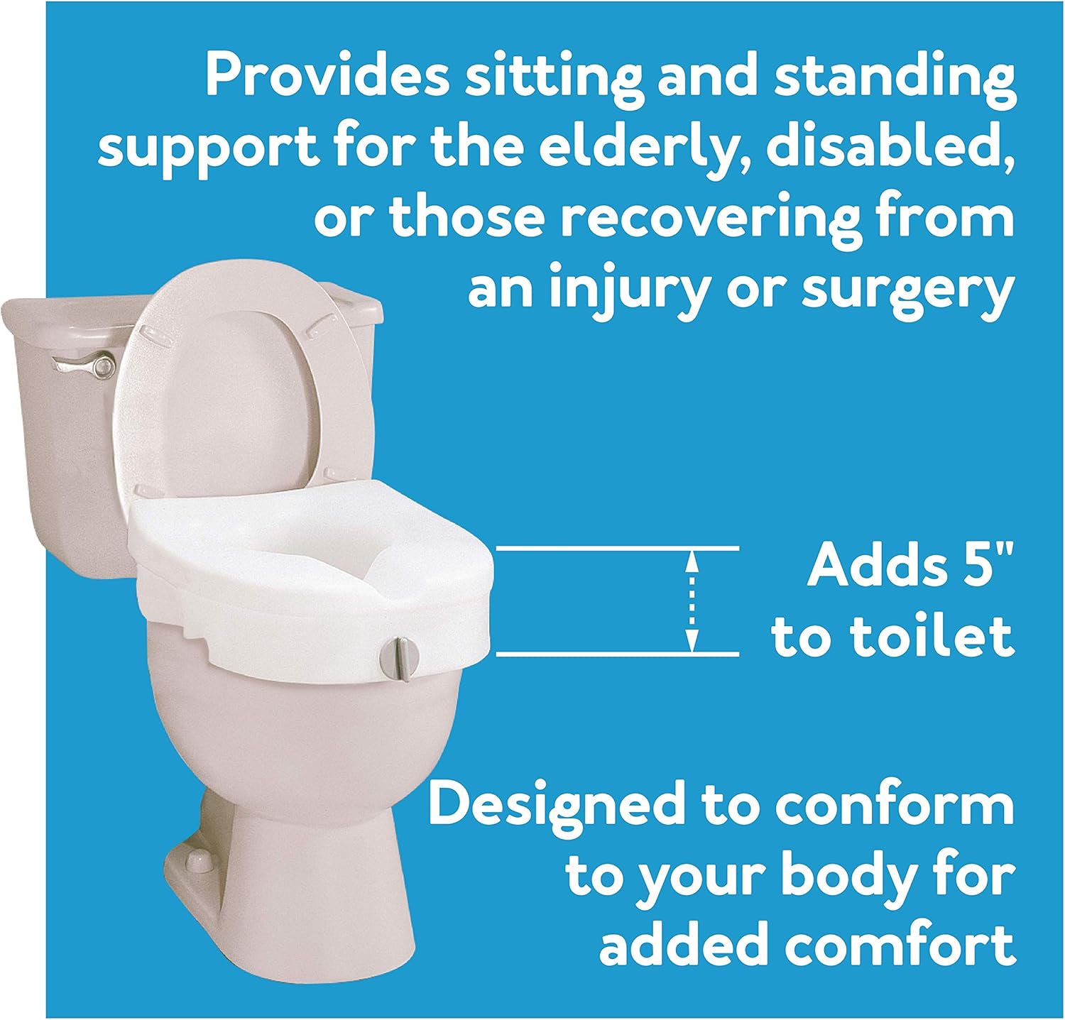 Raised Toilet Seat 5 Inch Height for Elderly and Handicap, Fits Round or Elongated Toilets, White A252