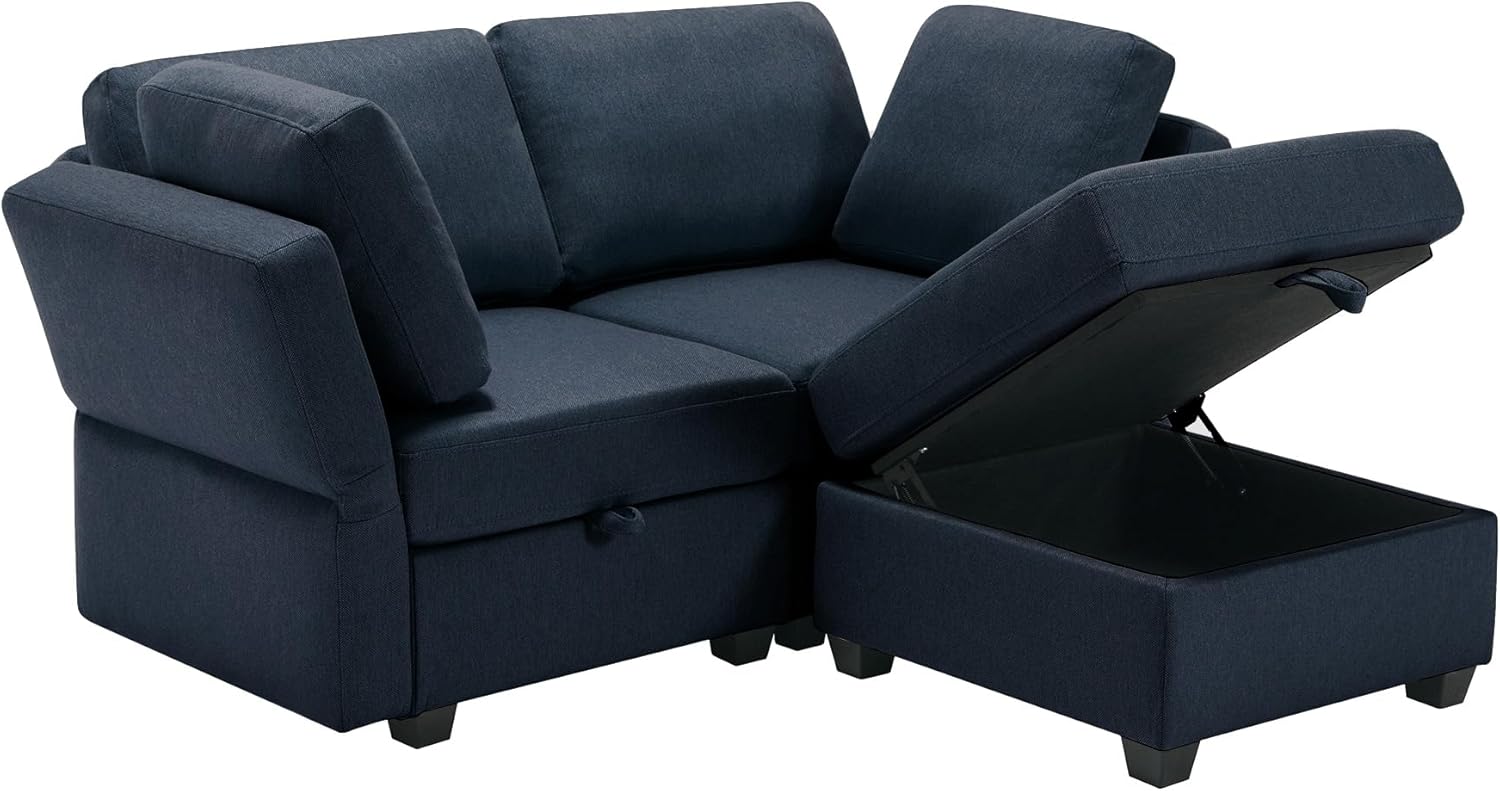 Small Sectional Sofa with Ottoman, 2 Seater with Storage - Blue N3273