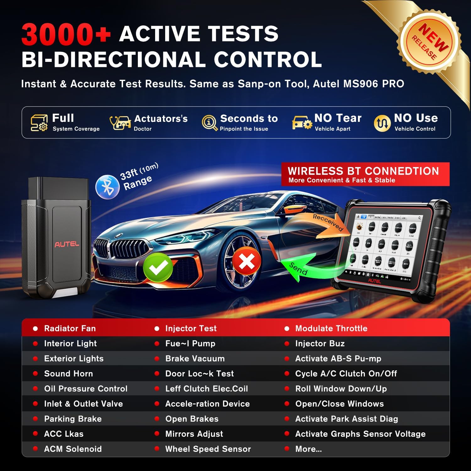 Autel Scanner MaxiCOM MK900-BT, 2024 OS 11 Bidirectional Scan Tool, 40+ Reset, CAN FD/DoIP J2698