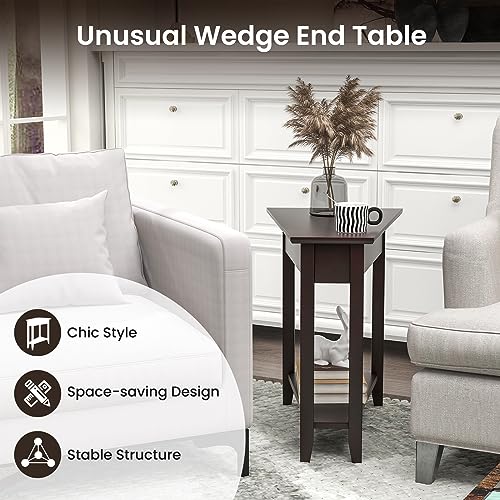 2-Tier Wedge End Table Set of 2 with Storage Shelf, Solid Wood Legs Y108