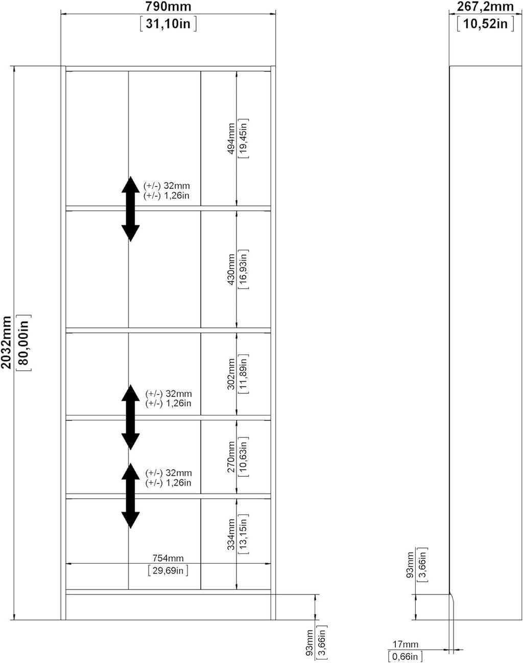 5 Shelf Bookcase, Tall, White P3232