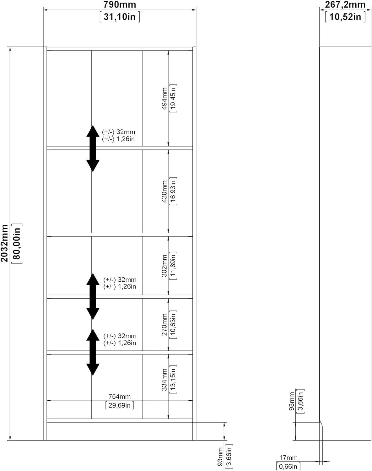 5 Shelf Bookcase, Tall, White P3232
