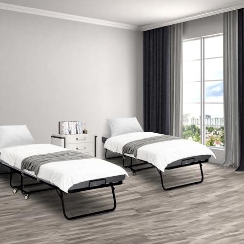 Folding Bed with Mattress, Portable Rollaway Bed for Adults, Sturdy Metal Frame with Wheels H137009