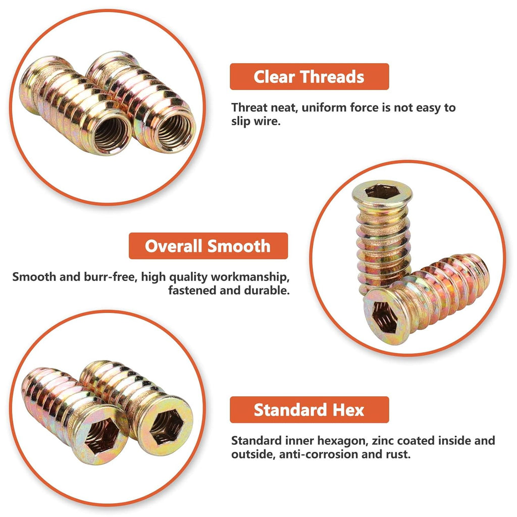 1/4-20 x 25mm Threaded Wood Inserts for Furniture, Carbon Steel, Hex Socket Drive A956443