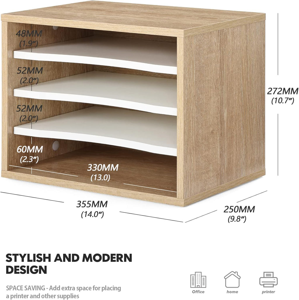 2-Tier Monitor Stand with 4-Tier Desk Paper Sorter, Light Wood E739